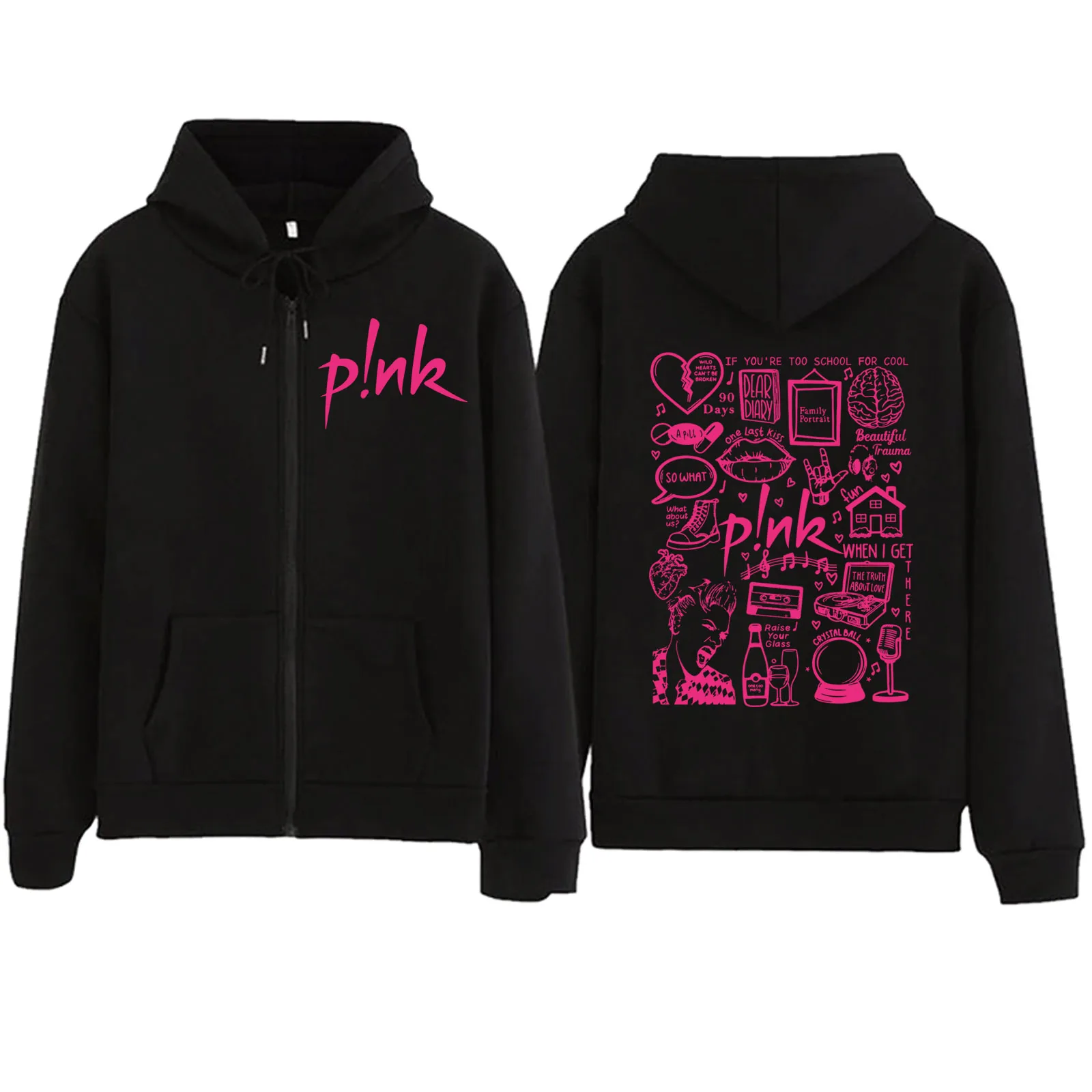 Pink - Doodle Print Zip Up Hoodie
